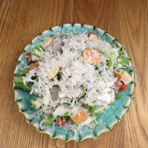 Caesar salad with kettle-fried whitebait (bukkake parmesan)