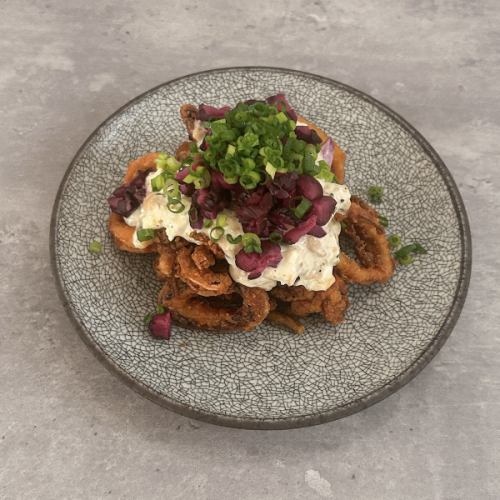 イカの唐揚げ、しば漬け納豆タルタル