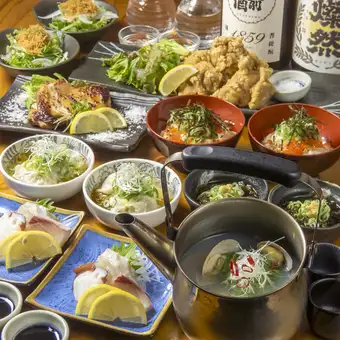 【店主おススメ◎】春菊の水餃子・貝鮮やかん焼き・お刺身3種盛り/9品/120分飲放付/5500→5000円