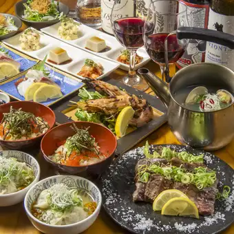 【贅沢◎】赤海老の塩焼き・タレ漬ハラミステーキ・春菊の水餃子/9品/120分飲放付/6500→6000円