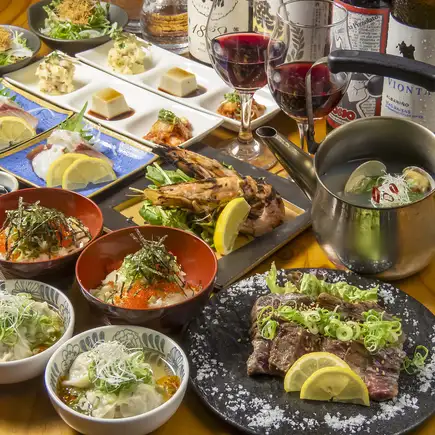 【贅沢◎】赤海老の塩焼き・タレ漬ハラミステーキ・春菊の水餃子/9品/120分飲放付/6500→6000円