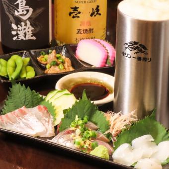 【平日限定】日本酒純米酒、地酒、純米吟醸飲み比べ3種　刺し身3種盛り、小鉢3種付き！