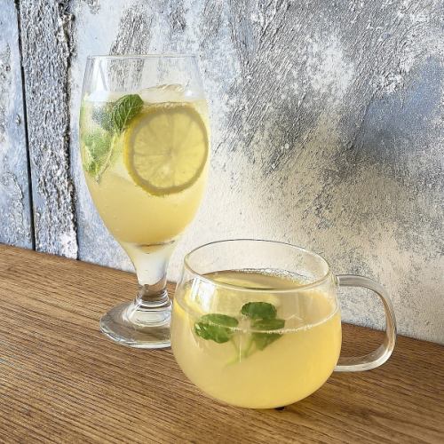 Homemade lemonade made by steeping fresh lemons