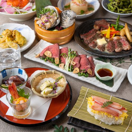 陆奥美食、5种鲜鱼、青森和牛牛排【特色套餐】8道菜品5,000日元3小时无限畅饮