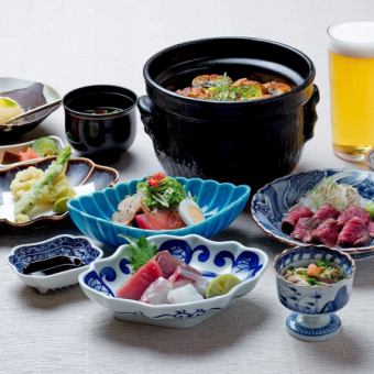 1ドリンク付き【８周年特別会席プラン】刺身盛り合わせ、鰻柳川風釜めし、鱧の天ぷらなど