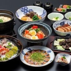 【喝彩コース】先附、小菜、割鮮、サラダ、焼き物、煮物、食事、汁、香の物、甘味など全10品