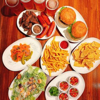 派对套餐包含90分钟无限畅饮精酿啤酒和7道菜，超值价5980日元（含税）