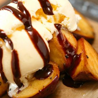 Hot candied sweet potato and cold vanilla ice cream