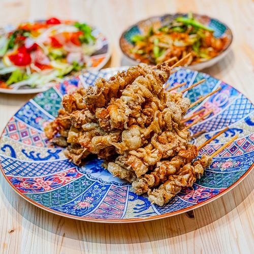 The "chicken skin skewers" are a specialty menu item that is sure to become addictive!