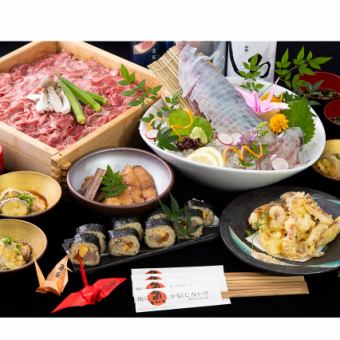 【10月～25年1月】活きイカ造り+馬肉と火の本豚しゃぶしゃぶ 9品コース◆7000円