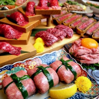 Meat sushi staircase, with domestic beef tied tongue [SNS-worthy! tied tongue course] 10 dishes with all-you-can-drink 4,500 yen (tax included)