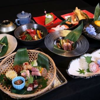 【100分 豪華飲み放題付】『四季の会席コース』 黒毛和牛ステーキや天ぷら、お寿司を堪能