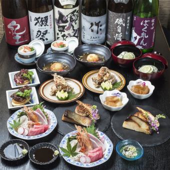 「大人の極上美食探求コース」　お造り/カニ茶碗蒸し/河豚唐揚げ/西京焼き/特選ハラミステーキ等