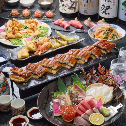 男士珍寶套餐:匯集日韓中三國美食的奢華盛宴,包括神戶牛肉壽司、藍鰭金槍魚和著名的鰻魚派。共8道菜 / 6500日元