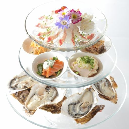 【3层豪华vinvin午餐套餐】新鲜养殖的牡蛎和您选择的时令食材共5道菜+3杯饮料