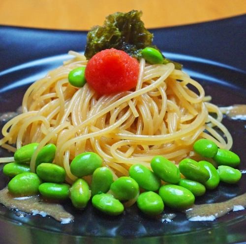 Butter soy sauce pasta with mentaiko and plenty of edamame
