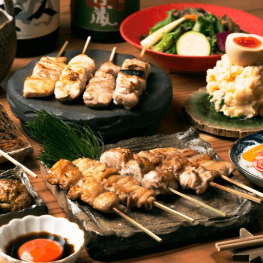 炭火串焼きや鶏ももの西京焼き含む『宴席コース』全8品2.5時間飲み放題付き　4500円⇒3500円