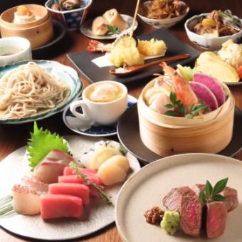 蒸當時令魚和國產牛排「Kiwami」套餐6,500日圓（僅食物/10道菜）