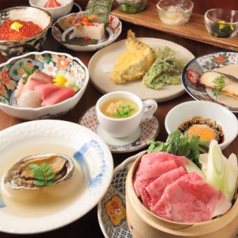 蒸しあわびと銀ダラ粕漬け焼き牛霜降り肉のすき蒸し「匠」+120分飲放題コース9500円