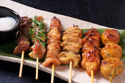 Assortment of six types of Mikawa chicken skewers