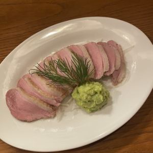 Cold duck loin with avocado and wasabi sauce