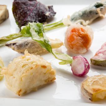 【お薦め!お野菜天ぷら6種&創作魚介天ぷら3種と選べるデザート付】美食コース3800円