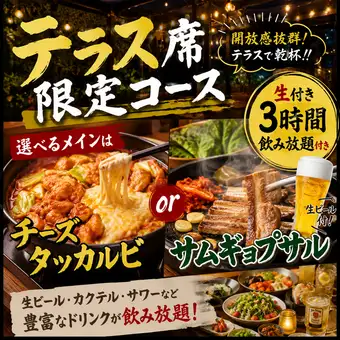 【テラス席限定コース】チーズタッカルビorサムギョプサル！生付き3H飲み放題+全6品・4500円