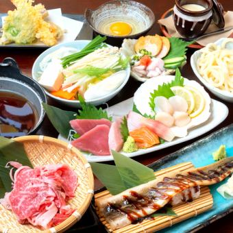 【2H飲放題付取り分け不要個別盛り7000円コース】あん肝白子、国産牛すき焼き、本マグロ入刺盛り