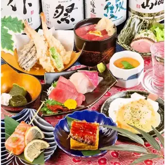 ◎Premium 9-course meal [2-hour all-you-can-drink included, individually served 6000 yen course]: Assorted sashimi directly from Toyosu, eel and egg dish, and bluefin tuna rice bowl.