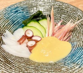 生タコとミョウガのからし酢味噌