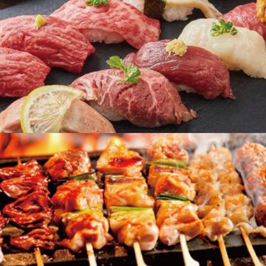 [All-you-can-eat yakitori & meat sushi double] All-you-can-eat yakitori, meat sushi, and other special dishes! 25 items in total, 3 hours of all-you-can-drink included, 3,500 yen