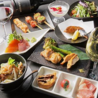"All-you-can-drink for 2 hours" 6,000 yen The main dish is Oyamadori chicken, and the popular rolled skewers and sashimi are also included in the standard Kogetsu course