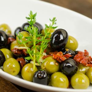 Assortment of two homemade marinated olives