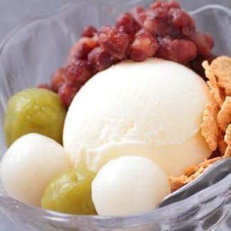 Dessert of ice cream on organic adzuki beans and shiratama