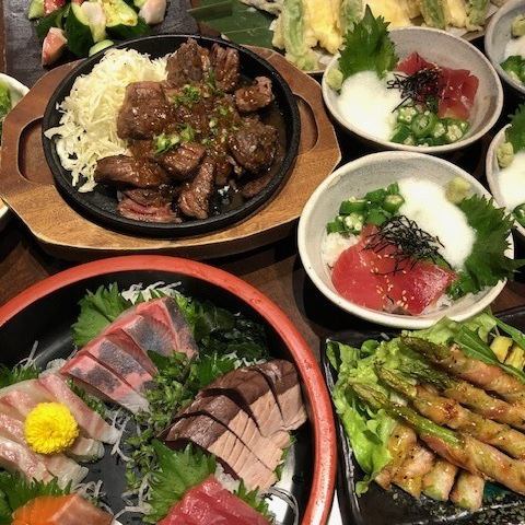 【5月～6月/豪华5,000日元套餐+3小时无限畅饮】生鱼片/牛咬牛排/腌金枪鱼盖饭等5种10种菜肴。