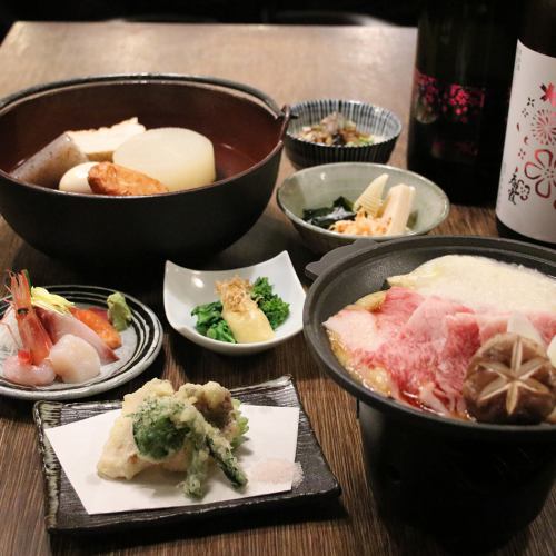 真正的鮪魚生魚片拼盤、時令菜餚和我們的招牌關東煮（全部7道菜，包括90分鐘無限暢飲）5,000日元