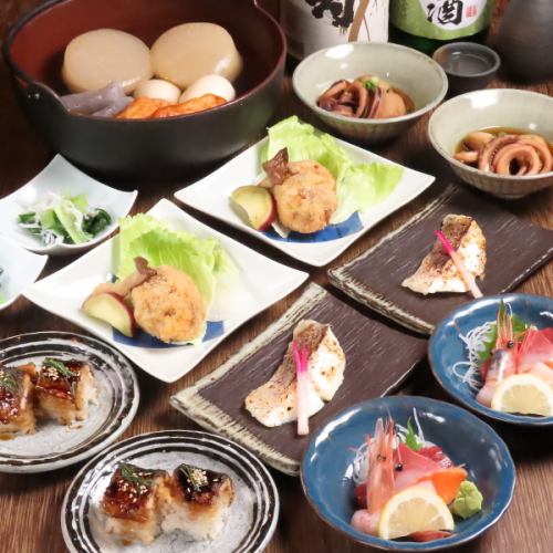 Assorted sashimi with bluefin tuna, grilled sea bream with salted malt, etc. [7 dishes in total, 90 minutes with all-you-can-drink, 5,000 yen]