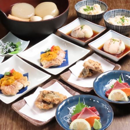 本鮪付お刺身三種盛と出汁自慢のおでん【料理全7品90分飲み放題付4000円】