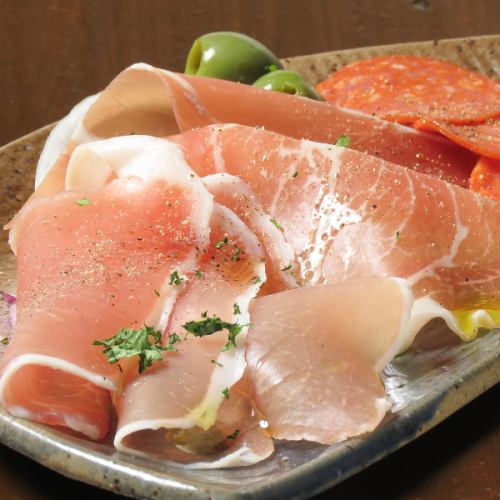 Assortment of raw ham and salami