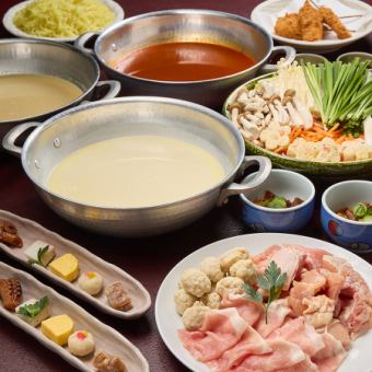 마마 불 냄비, 닭 백탕 냄비, 참깨 두유 냄비. "선택 할 수있는 냄비 플랜"5,000 엔 (세금 포함) 음료 무제한 포함 개인실 확약