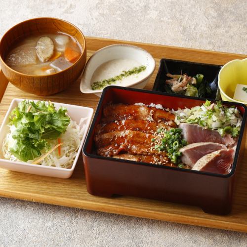 A combination of kabayaki black pork and Makurazaki bonito
