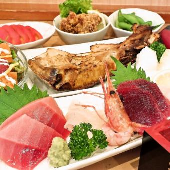 【滿意套餐】5,500日圓（含稅）2小時無限暢飲生魚片、鮭魚子、釜燒、南鮪魚握壽司等9種菜色