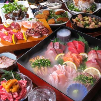 海鲜和7种鸡肉生鱼片玉手箱/日本牛肉和鸡肉握寿司/螃蟹等[极好的Wagamanma套餐]9道菜+[无限畅饮]5000日元