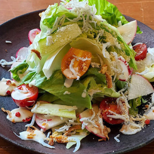 Caesar salad with plenty of Awajishima lettuce and shirasu