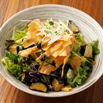 Fried eggplant and seasonal vegetable salad