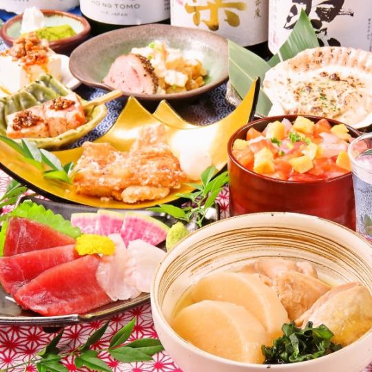 【附2小时无限畅饮，无需分享】丰洲直送生鱼片、黄油烤扇贝、海鲜散饭盖饭5,000日元套餐