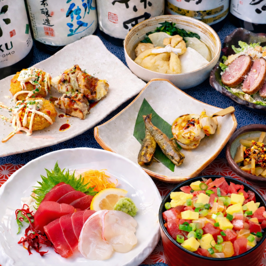 【2H飲放題付　取分不要　個別盛5000円コース】豊洲直送刺身盛・ホタテ炙り串・海鮮ちらし丼