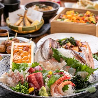 【晓套餐】终极盛宴。8,000日元3小时无限畅饮，包括烤和牛里脊肉和5种生鱼片