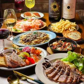 PREMIUMコース！！！牛サーロインステーキなど全6皿12品【生ビール含む120分飲み放題付き】