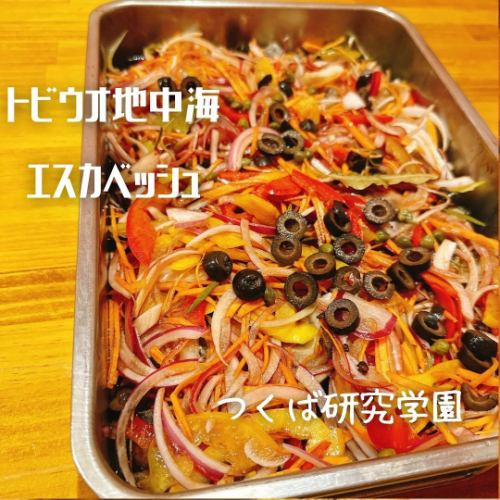 【トビウオの地中海エスカベッシュ】

マリネ液
•	赤バルサミコ酢：80ml〜100ml
•	水：50ml、オレンジジュース:50ml
•	赤ワイン:50ml
•	オリーブオイル：大さじ2
•	ケーパー：大さじ1
•	黒オリーブ：お好みで
•	はちみつ:小さじ1

材料
・お好きな魚や鶏肉（今回は和歌山・トビウオ）
・アーリーレッド　1/2ケ（スライス）
・玉ねぎ　1/2ケ（スライス）
・人参（千切り）
・パプリカ（スライス）

①魚に塩こしょうをふり、
小麦粉をまぶしてオリーブオイルで揚げ焼きする
②別鍋でケーパー、オリーブ、ローリエ・黒胡椒
マリネ液の材料を一煮立ちさせ、お野菜を入れる
③火を止めて粗熱をとり、魚とともに保存容器に入れて
冷蔵庫で半日～一晩マリネする。
④冷たくして美味しいですが、常温や軽く温めても👍

【ポイント】
・赤バルサミコ酢を加熱しすぎると香りが飛ぶため、
弱火でマリネ液を加熱し、
火を止めてから魚を漬け込むと風味○

・ケーパーやオリーブの塩気が強い場合は、塩を控えめに。

・見た目が濃いので、白身魚や色鮮やかな野菜（黄パプリカ、赤玉ねぎなど）との相性が抜群

今回は本格レストラン風に🍽️
ハレの日の前菜に🫒
イタリアやスペインのワインと合わせて🍷
一度作ってみて下さい🙂‍↕️

#居酒屋壽家　#つくば居酒屋　#研究学園グルメ　#筑波大学　　#つくば駅近居酒屋　#茨城グルメ巡り　#つくばグルメ　#つくば日本酒バー　#つくば居酒屋　#居酒屋グルメ　#居酒屋メニュー　#エスカベッシュ　#ラーメンが食べられる居酒屋　#おばんざい　#日本酒ラバーズ　#研究学園都市　#健康　#日本酒デビュー　#料理が手作りの店　#研究学園ディナー　#レシピ　#グルメ好きな人と繋がりたい　#居酒屋好きな人と繋がりたい　#居酒屋個室